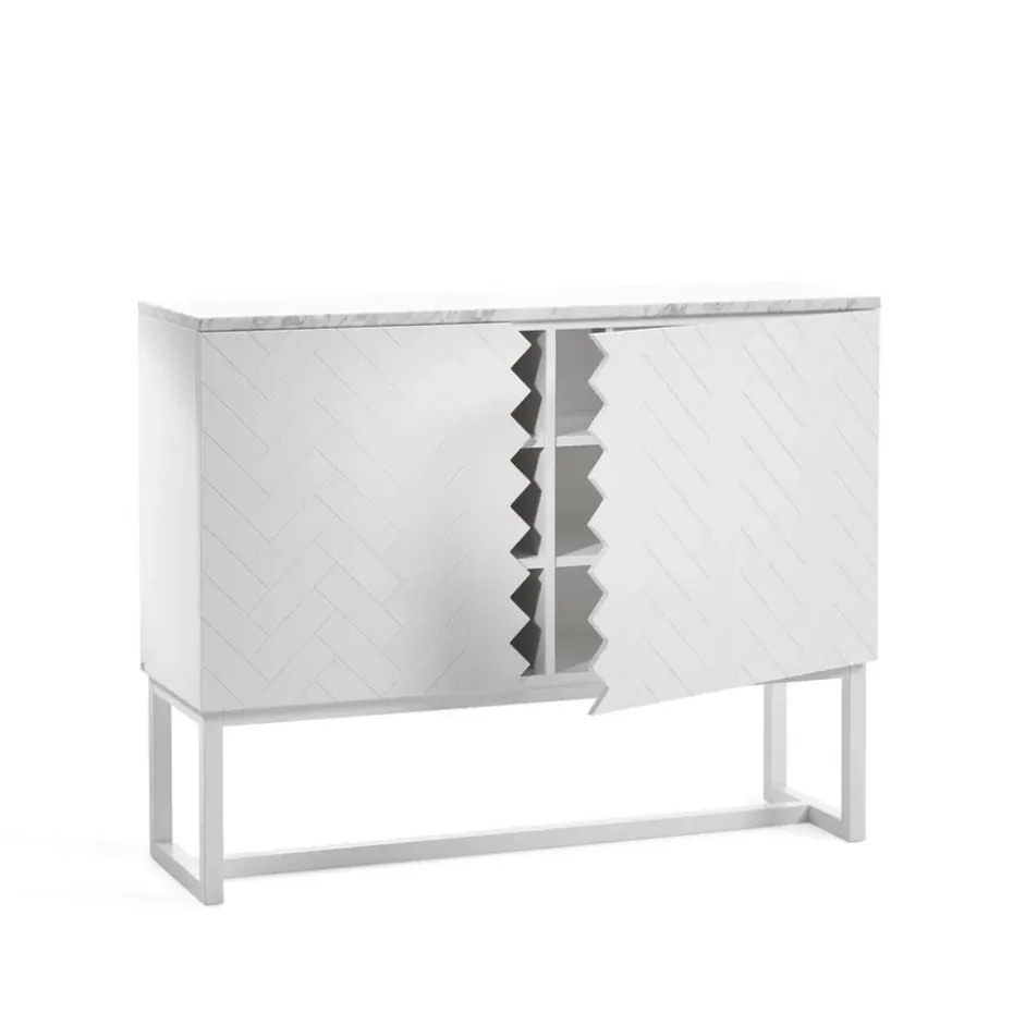 Buffet Story, blanc, dessus en marbre blanc, structure blanche