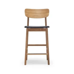 Chaise de bar Prima Vista, cuir elmo noir, structure en chêne huilé naturel