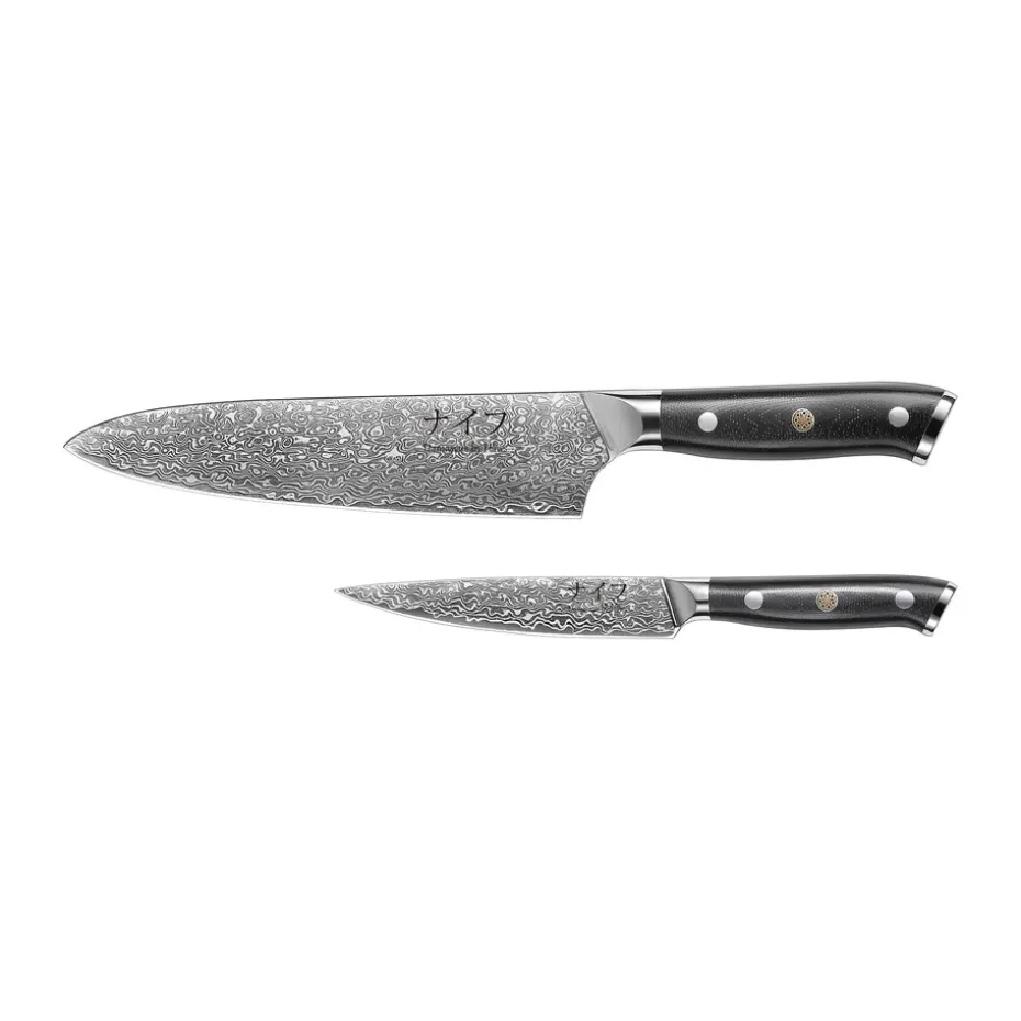 Ensemble de couteaux de chef et universel Damascus By Hâws 2 pièces, Noir-acier inoxydable
