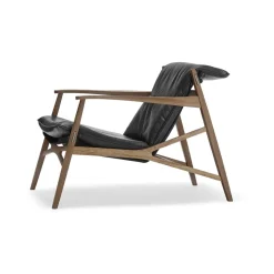 Fauteuil lounge Link, cuir noir-chêne huilé naturel-toile noire