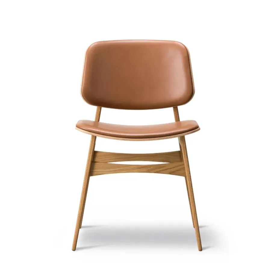Søborg 3062 chaise en métal entièrement rembourrée, cuir Omni 307 cognac, pieds en chêne laqué