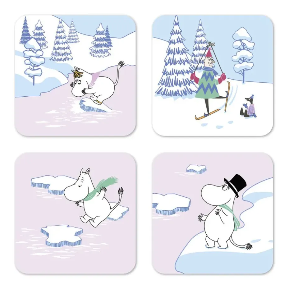 Set de 4 sous-verres Moumines hiver 2022 9x9cm, Bleu-blanc-rose