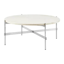 Table basse en acier poli TS Ø80, Neutral white travertine