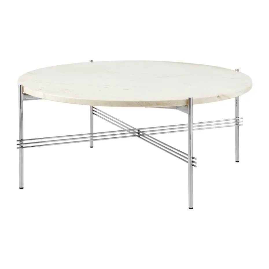 Table basse en acier poli TS Ø80, Neutral white travertine