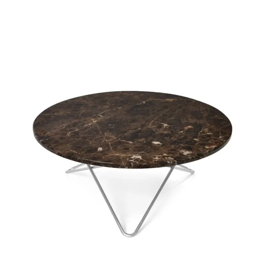 Table basse O, marbre marron, support en acier inoxydable