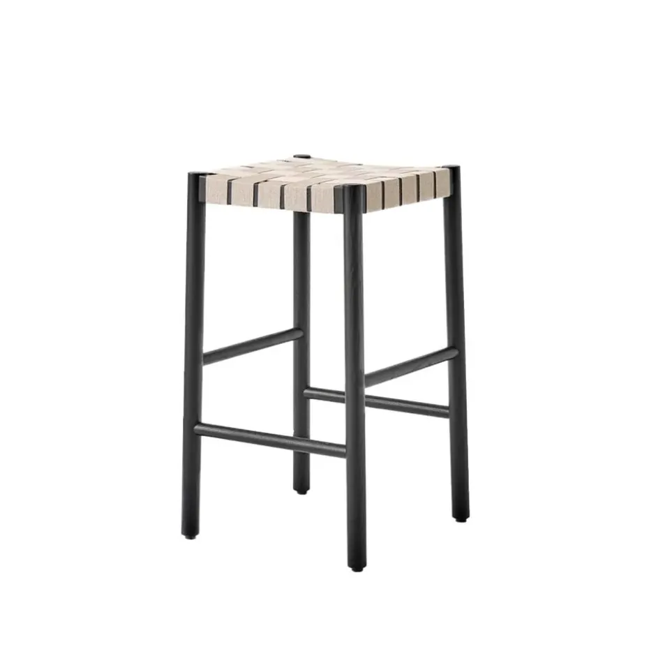Tabouret de bar Betty TK7, Black, assise en ruban de lin tressé naturel