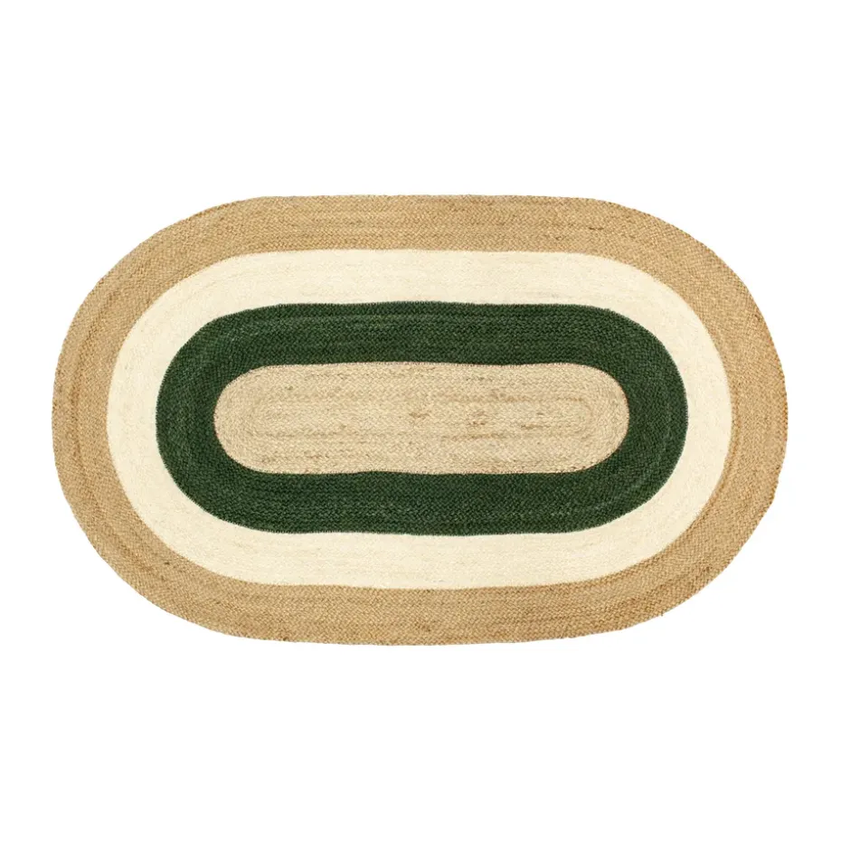 Tapis ovale en jute rayé Elin, 92x150 cm, Vert
