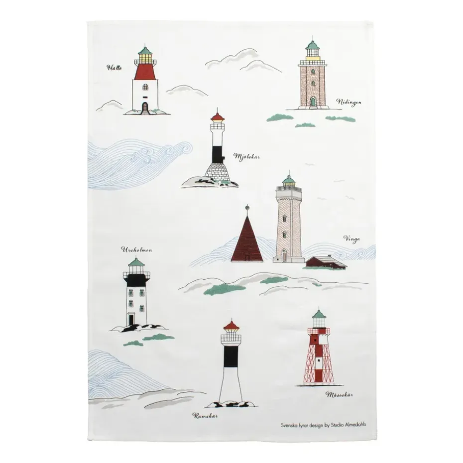 Torchon de cuisine "Phares suédois" 47x70 cm, Blanc-multi